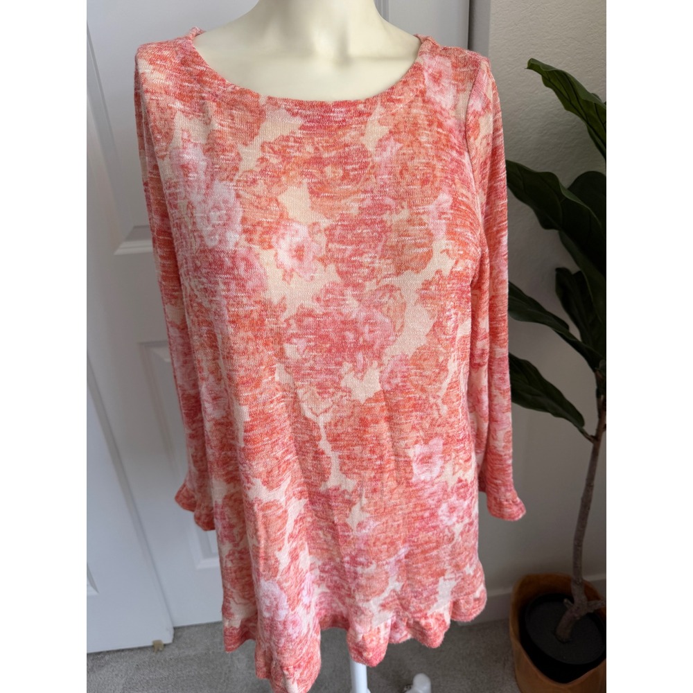 Rose + Olive Pink Orange Floral Ruffle Hem Knit Tunic Top Large